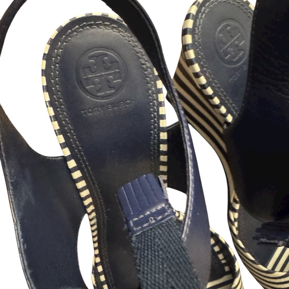 Tory Burch Navy Striped Women's Wedge Sandals Sz 11 - Picture 3 of 8